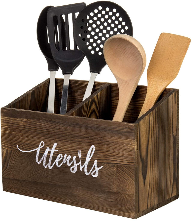 Dark Brown Wood Cooking Utensil Caddy with Cursive "Utensils" Text-MyGift