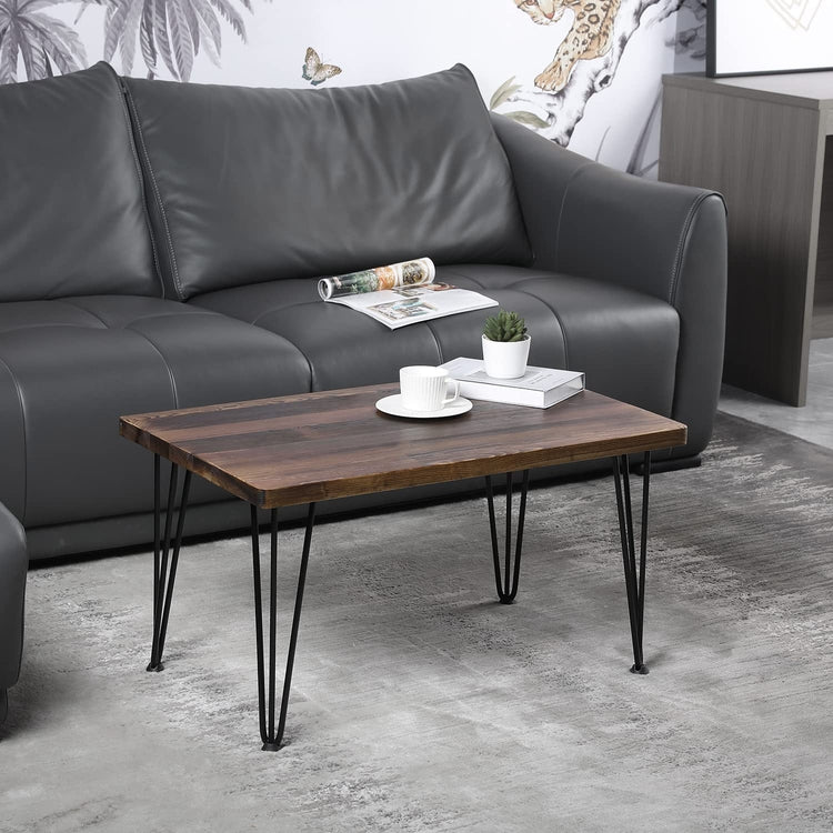 Dark Brown Burnt Wood Rectangular Coffee Table, Side Accent Table with Matte Black Metal Wire Hairpin Legs-MyGift