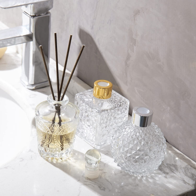 Set of 3, Clear Reed Diffuser Bottle, Decorative Small Glass Bottles with Embossed Texture and Stopper Lids-MyGift