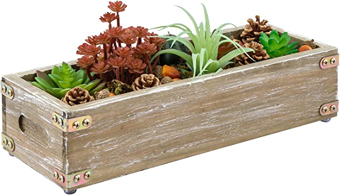 Artificial Succulent Plant in Whitewashed Wood Planter, Tabletop Window Box Planter with Vintage Brass Metal Corner Wraps and Handles-MyGift