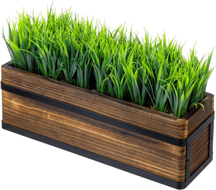 Brown Wood and Black Metal Artificial Green Grass Plant, Tabletop Plant Container-MyGift