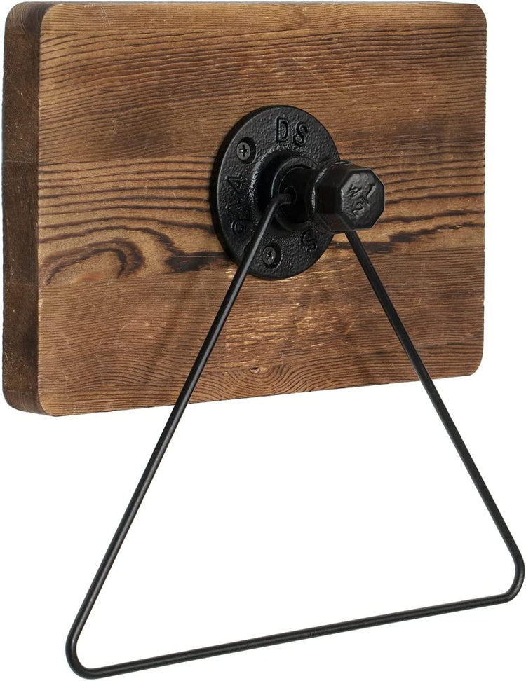 Burnt Brown Wood and Black Industrial Metal Pipe Triangular Bathroom Wall Hanger Rack Hand Towel Holder-MyGift