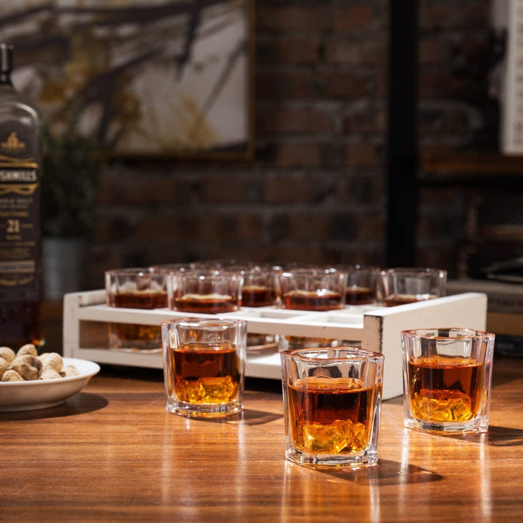 12 Shot Glass Set with Decorative Vintage White Wood Tray, Home Bar or Restaurant Shot Glass Set-MyGift