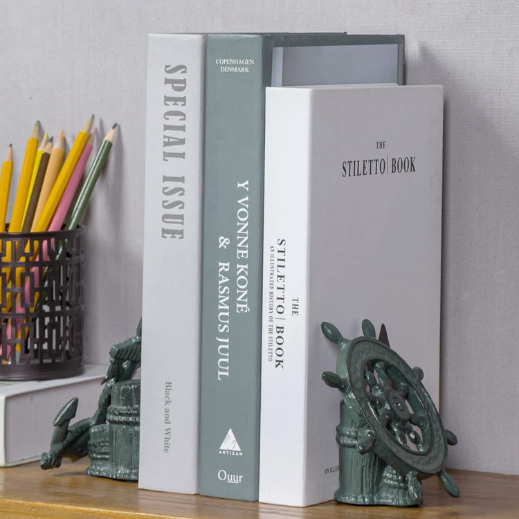 Teal Cast Iron Decorative Bookends with Nautical Sculptural Anchor and Helm Design, Heavy Duty Book Stand, 2 Piece Set-MyGift