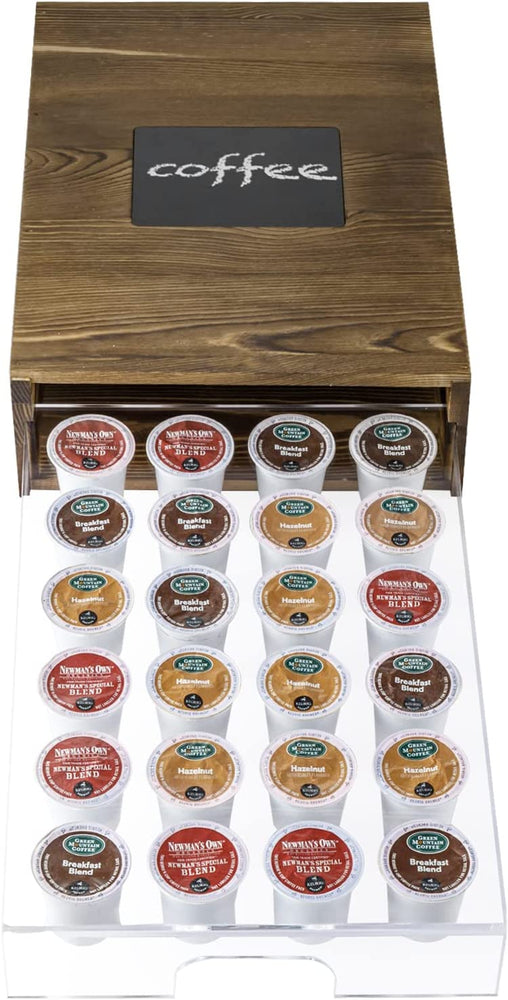 Rustic Burnt Wood Coffee Pod Holder with Clear Acrylic Pull Out Tray and Chalkboard Label Sign-MyGift