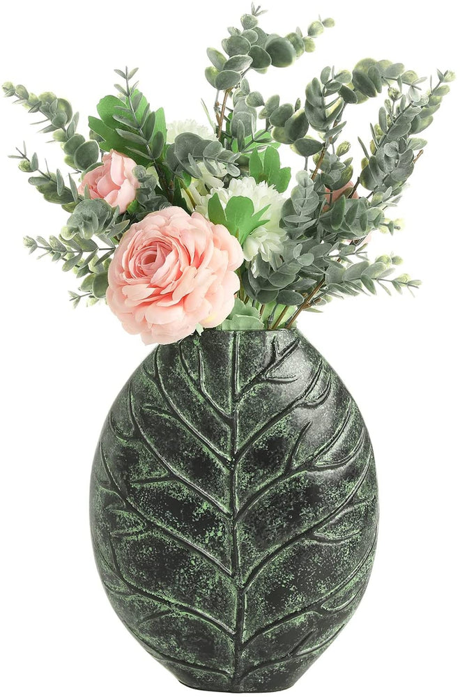Decorative Flower Vase, Handcrafted Green Aluminum 10 Inch Tall Vase with Intricate Embossed Leaf Design-MyGift