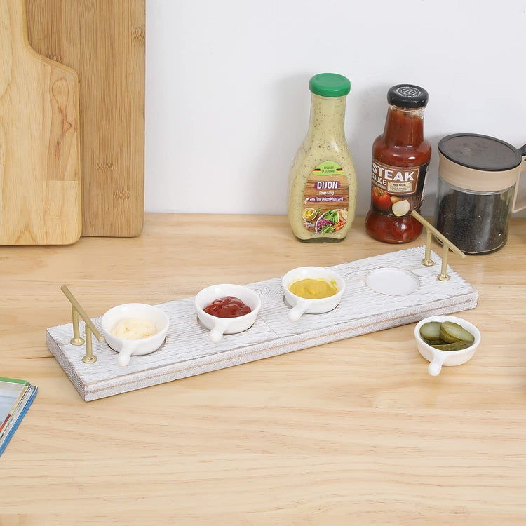 Whitewashed Wood Serving Tray with Brass Tone Handles and 4 Mini White Ceramic Handled Bowls for Dips, Sauces-MyGift