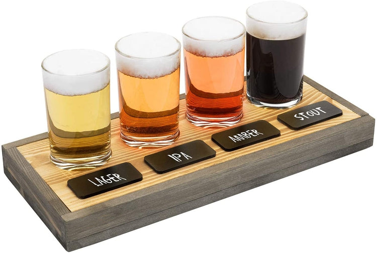 Gray & Burnt Wood Beer Flight Server Sampler Set with 4 Glasses and Chalkboard Labels-MyGift