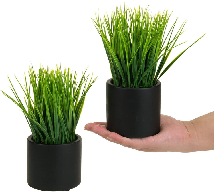 2 Pack Artificial Grass Fake Plant, Faux plant in Modern Round Black Cement Pots-MyGift