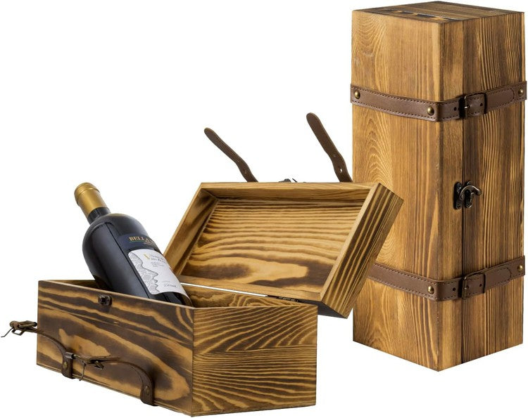 Burnt Wood Wine Gift Boxes, Decorative Box Single Bottle Holder, Set of 2-MyGift