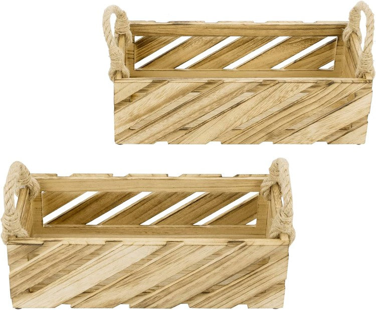 Natural Paulownia Wood Nesting Storage Baskets with Rugged Rope Handles, Carrying Caddy Organizer Bins for Home Bathroom-MyGift