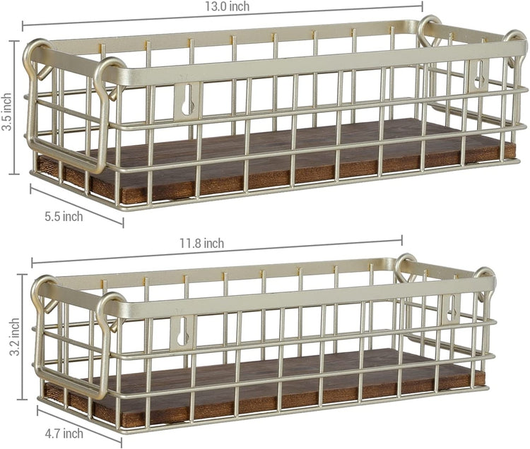 Set of 2, Wall Mounted or Tabletop Modern Brass Metal Wire and Burnt Wood Small Decorative Storage Baskets with Handles-MyGift