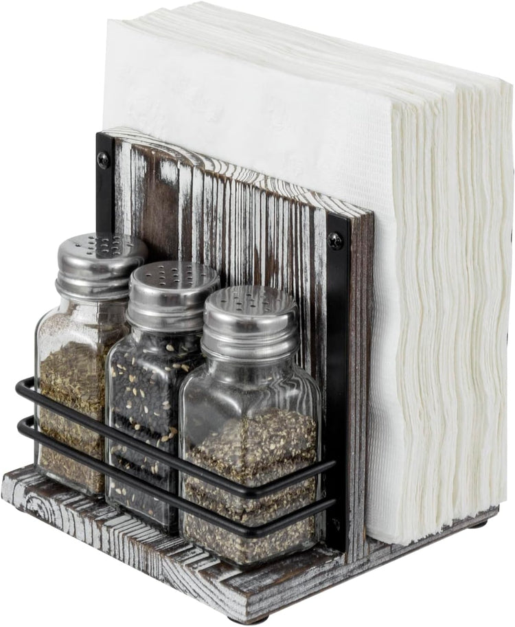 Tabletop Brown Wood Napkin Dispenser Stan, Napkin Holder w/ 3 Shakers for Salt, Pepper/Spices-MyGift