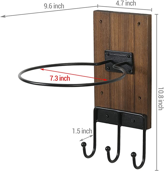 Wall Mounted Matte Black Metal Sports Ball Holder with Rustic Burnt Wood Backing and 3 Utility Storage Hooks-MyGift