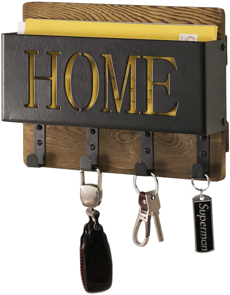 Industrial Matte Black Metal and Burnt Wood Key Holder and Mail Sorter Wall Organizer Rack with Stenciled HOME Cutout-MyGift