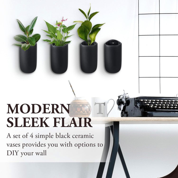 matt black plant pot Wall Mounted Black Ceramic Plant Containers, Vertical Hanging Flower Vases, Set of 4