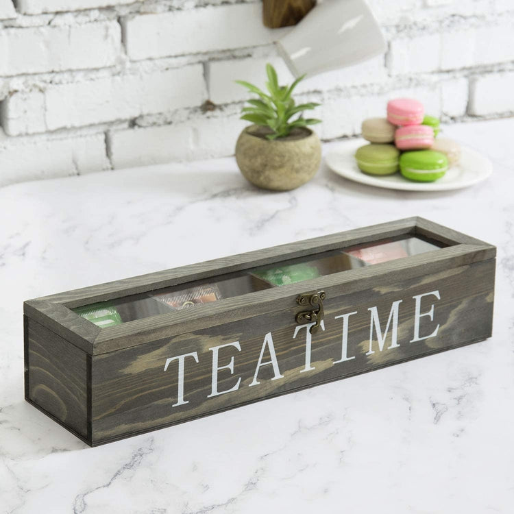 Vintage Gray Wood Tea Storage Box w/ TEA TIME Lettering-MyGift