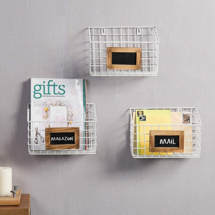 Set of 3, White Metal Wire Wall Mounted Storage Baskets with Chalkboard Labels-MyGift