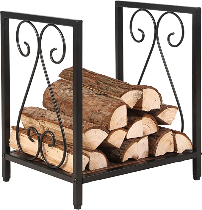 Firewood Rack Fireplace Log Holder, Matte Black Metal & Burnt Solid Wood Freestanding Stacking Lumber Stand-MyGift