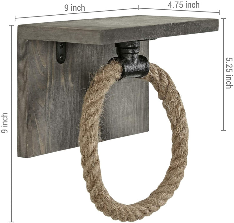 Gray Wood & Industrial Black Pipe Rope Hand Towel Ring w/ Shelf-MyGift