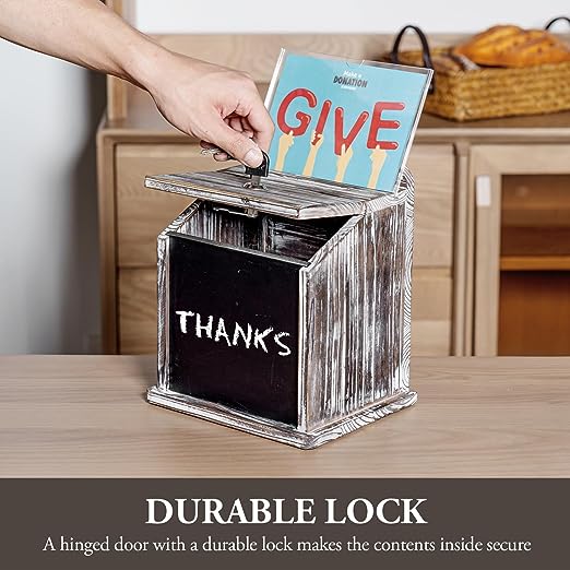 Brown Wood Suggestion Box with Chalkboard Panel and Removable Clear Acrylic Sign Holder, Lockable Box-MyGift