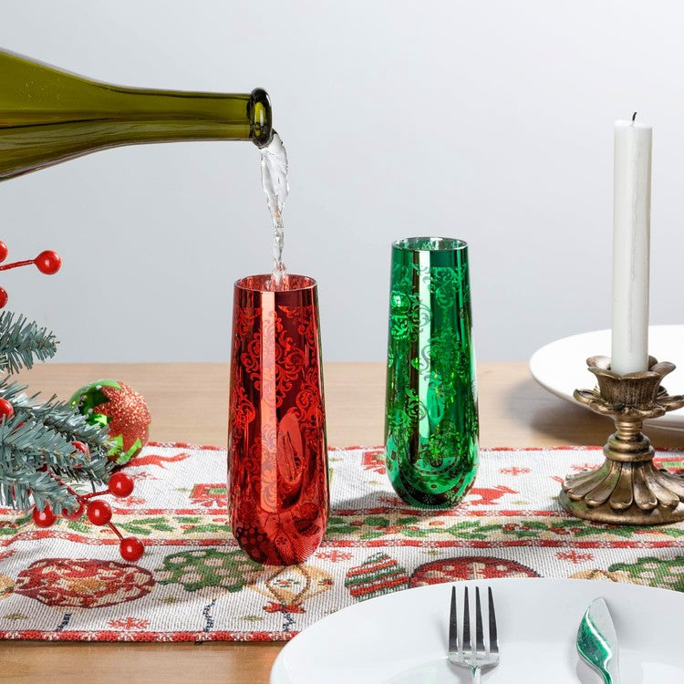 Mid Century Modern Champagne Flutes Red and Green Stems Christmas