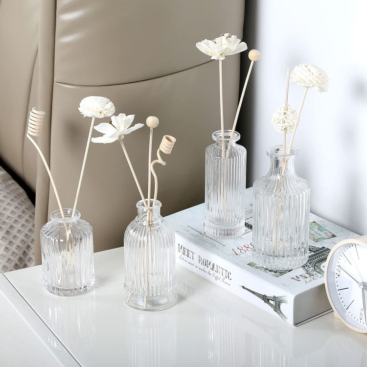 Clear Glass Reed Diffuser Bottle, Small Flower Bud Vase, Apothecary Ribbed Decorative Bottles, 4 Piece Set-MyGift
