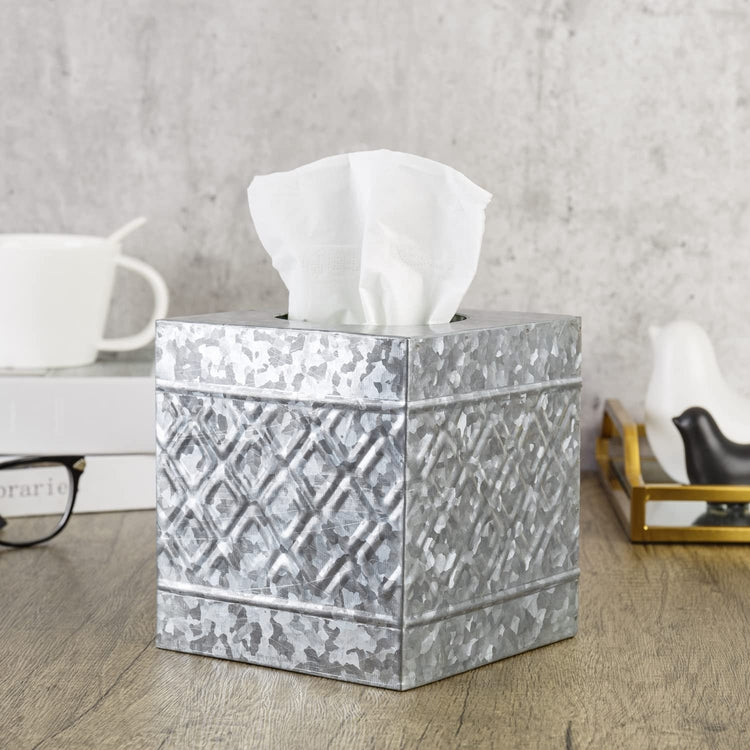 Galvanized Tissue Box Cover, Metal Square Tissue Holder with Diamond Embossed Pattern-MyGift