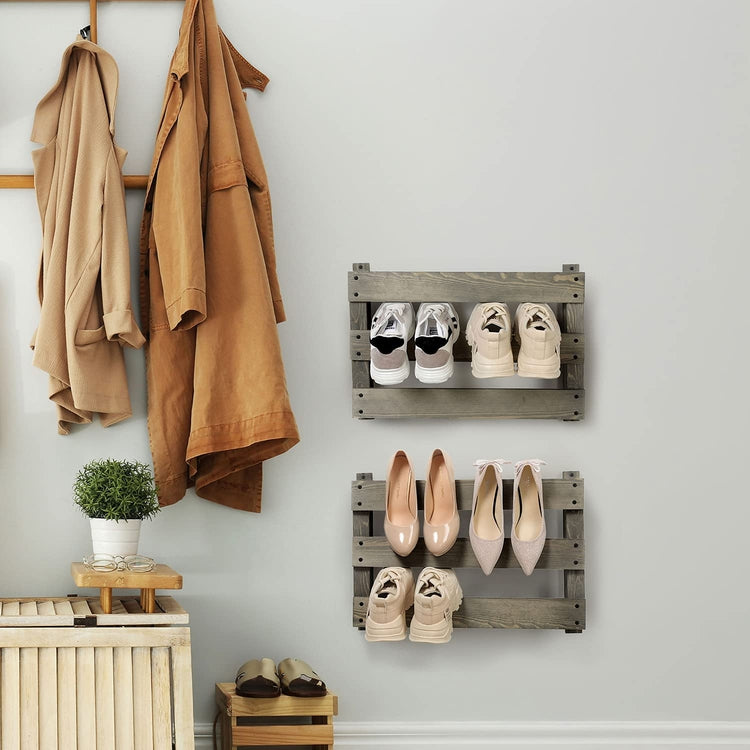Set of 2, Gray Wood Wall Mounted Slat Design Shoe Storage Rack, Entryway Footwear Organizer Holder-MyGift