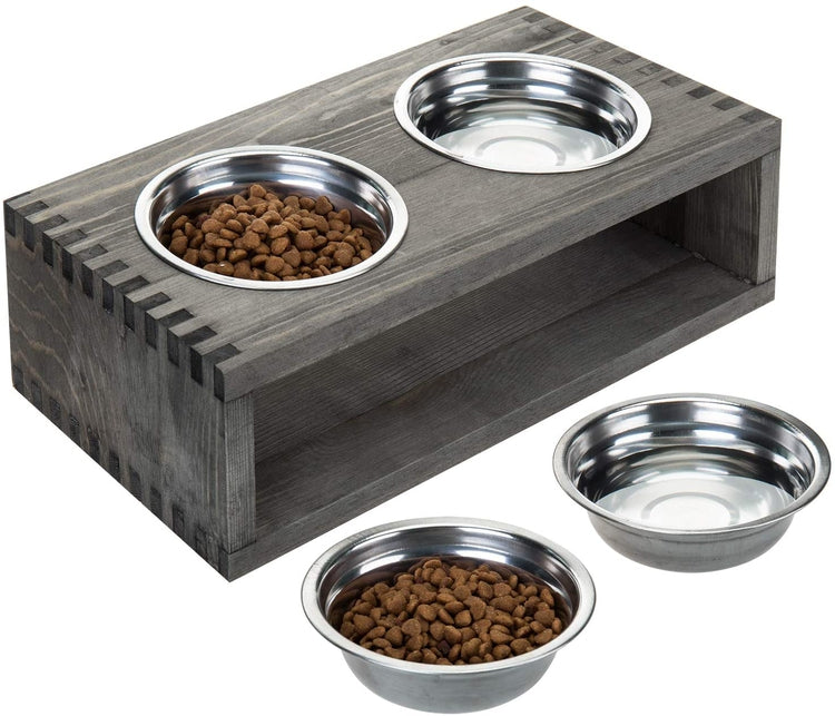 Gray Wood Small Pet Raised Feeder Stand with 4 Removable Stainless Steel Bowls-MyGift