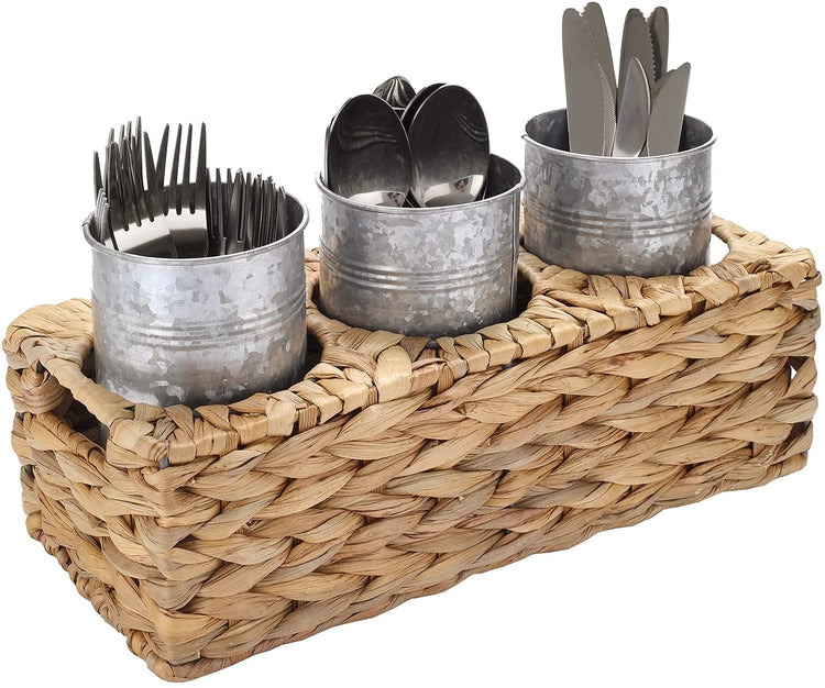 3 Slot Galvanized Metal Dining Utensil Holder with Woven Natural Seagrass Basket and Handles-MyGift