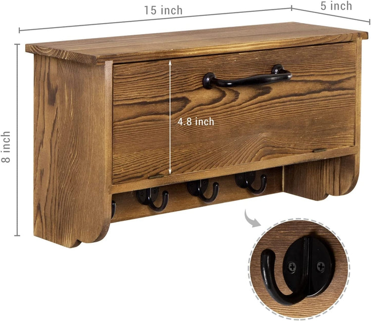 Burnt Wood Entryway Wall Organizer Rack with Cabinet and Black Metal Key Hooks, Wall Mounted Storage Cubby Shelf-MyGift