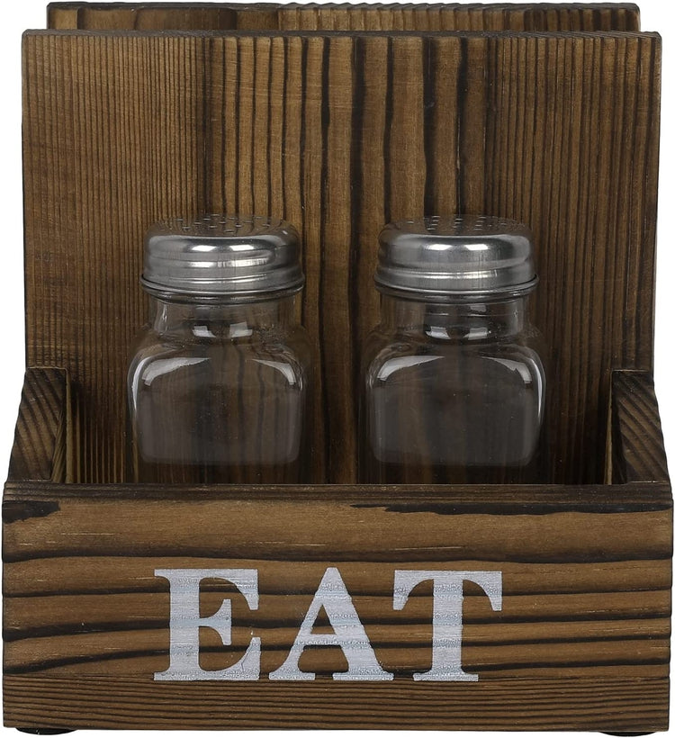 2 Compartment Brown Wood Napkin Holder Rack with Spice Shakers, Condiment Bin and Printed EAT Label-MyGift