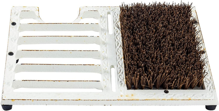 Heavy Duty White Cast Iron Angled Shoe Scraper and Scrubber Mat, Footwear Dirt Cleaning Brush and Boot Puller for Porch-MyGift