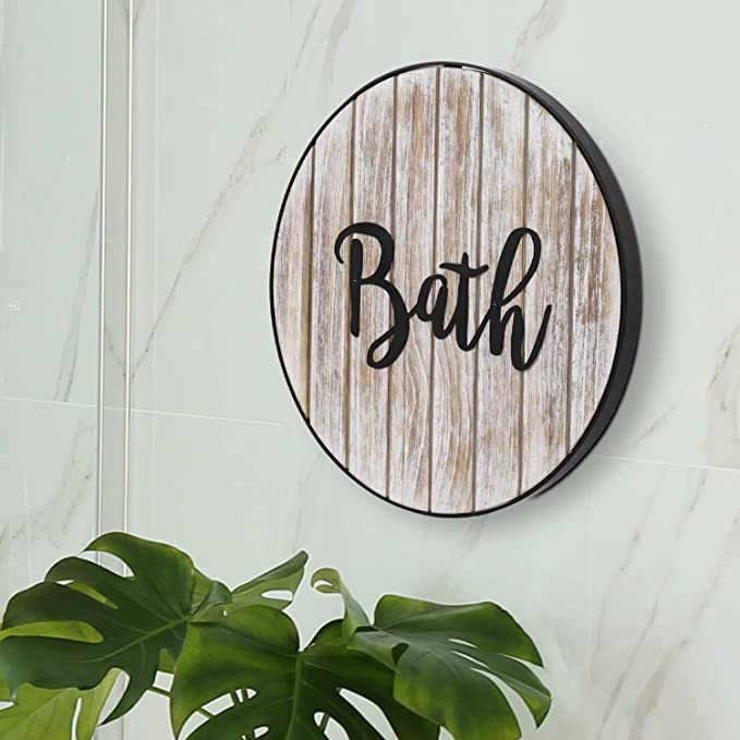 Whitewashed Wood & Black Metal Bathroom Wall Decor Sign with Cursive Bath Lettering-MyGift