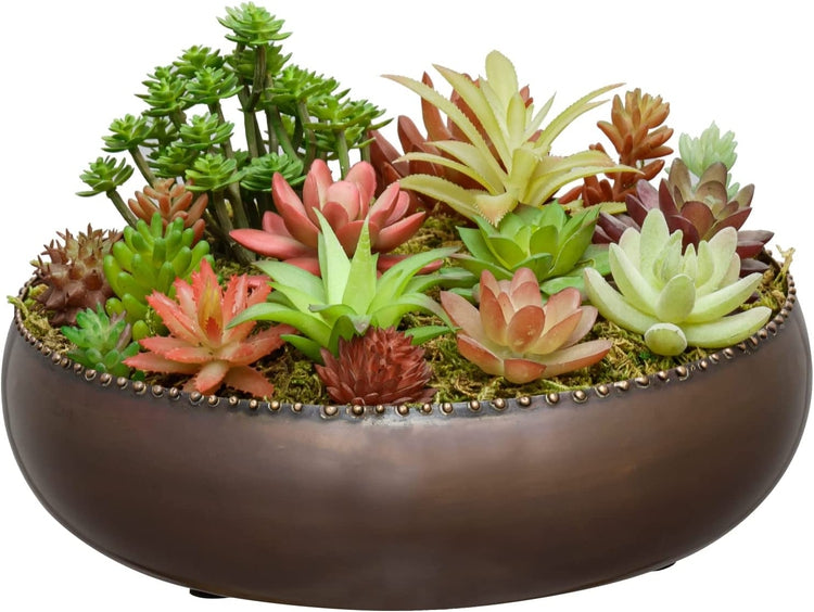 Copper Toned Metal Round Planter Bowl with Pebbled Rim, Shallow Succulent Pot-MyGift
