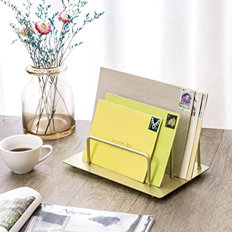 Modern Brass Tone Metal Mail Holder Countertop Organizer, 2-Slot Desktop Mail Sorter, Document Storage Rack-MyGift