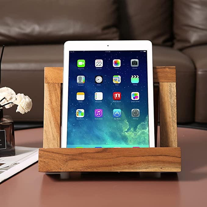 Natural Brown Acacia Wood Tabletop Cookbook Stand Holder & Tablet Stand with Kickstand-MyGift