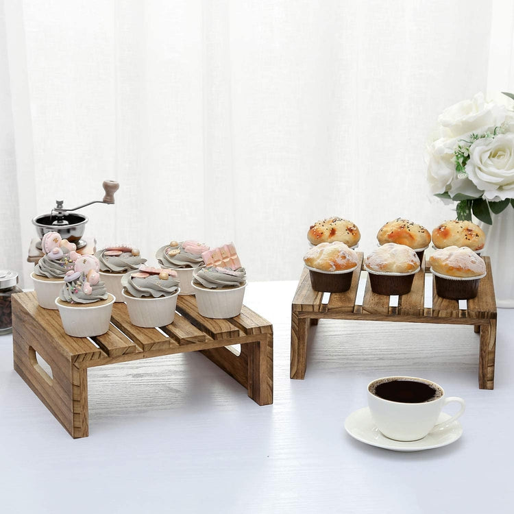 Set of 2, Brown Burnt Wood Cake, Cupcake and Dessert Buffet Display Holder Riser Stands-MyGift
