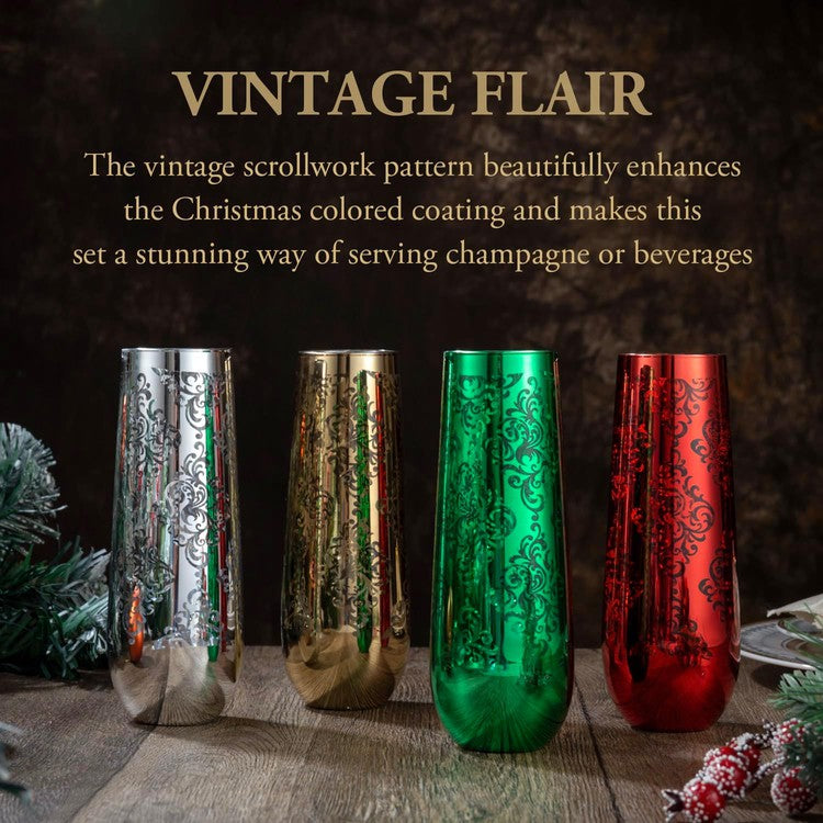 Christmas Color Champagne Flutes with Baroque Pattern, Sparkling Wine Slim Stemless Glass, Set of 4-MyGift