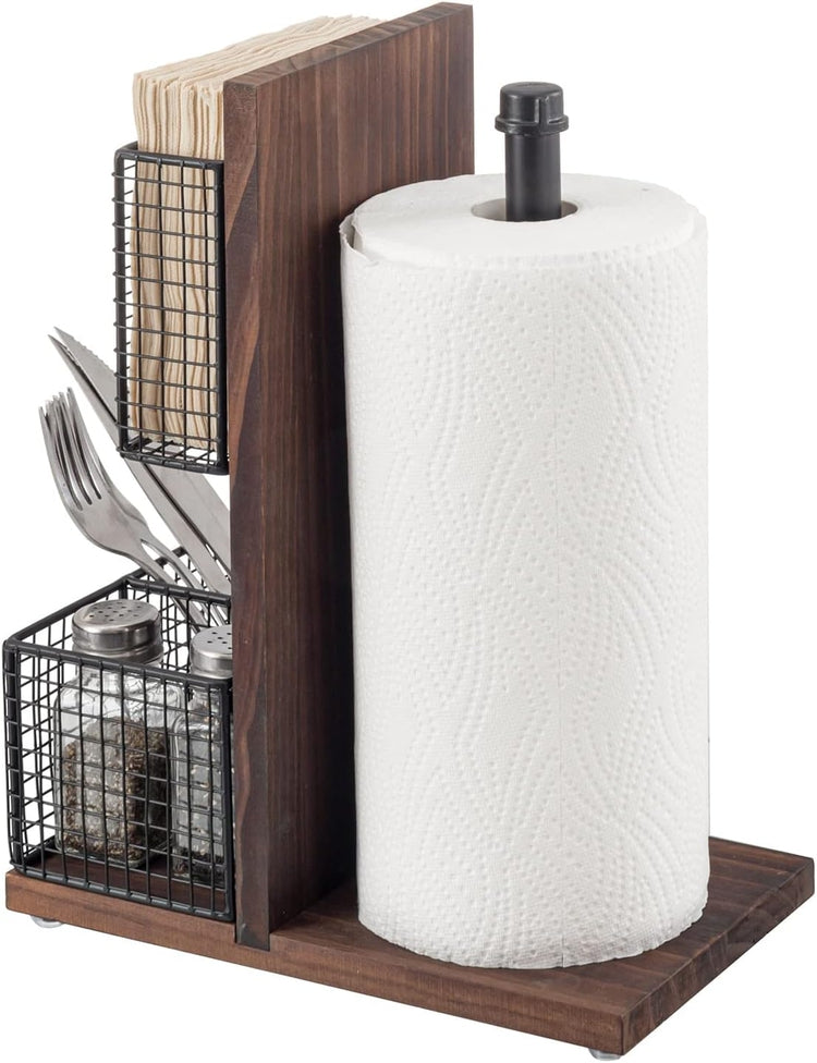 Dark Brown Wood and Black Metal Napkin Holders with Paper Towel Roll Stand and Spice Rack-MyGift