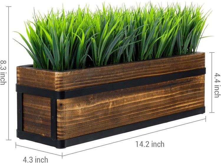 Brown Wood and Black Metal Artificial Green Grass Plant, Tabletop Plant Container-MyGift