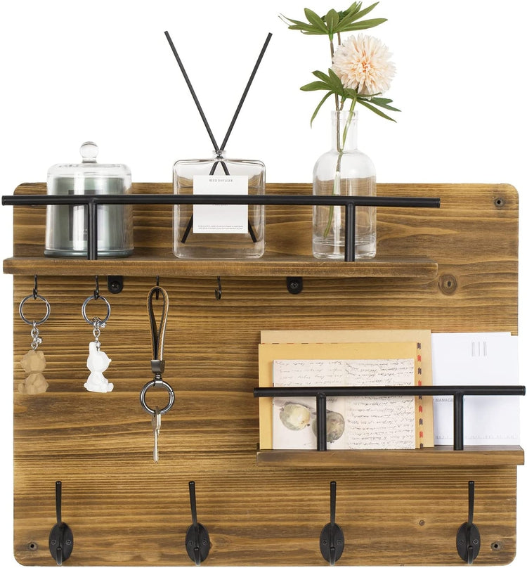 Burnt Wood Entryway Wall Organizer Rack with Mail Holder, Key Hooks, Coat Hooks, and Display Shelves with Metal Rails-MyGift