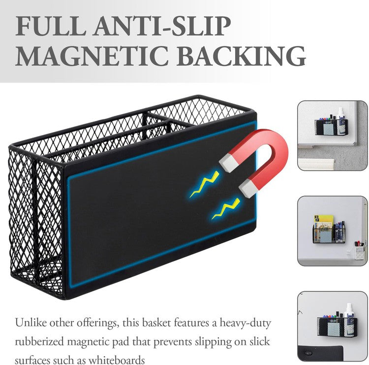 Magnetic Black Metal White Board Supply Caddy, 3 Compartment Office Stationery Organizer with Pen Cup-MyGift