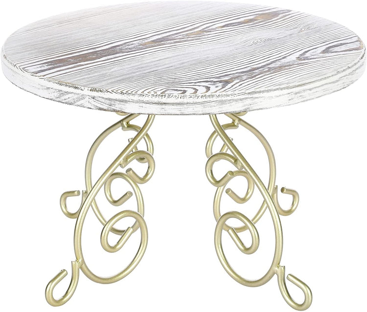 12-inch Wooden Cake Stand with Whitewashed Wood and Metal Scrollwork Design-MyGift