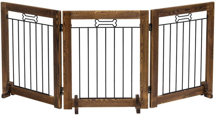 3 Panel Dark Brown Wood and Black Metal Wire Indoor Folding Pet Fence, Dog Gate with Bone Accent-MyGift