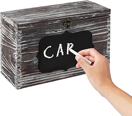 Torched Wood Wedding Card Box, Gift Card & Thank You Cards Holder with Slotted Lid, Latch and Chalkboard Label-MyGift