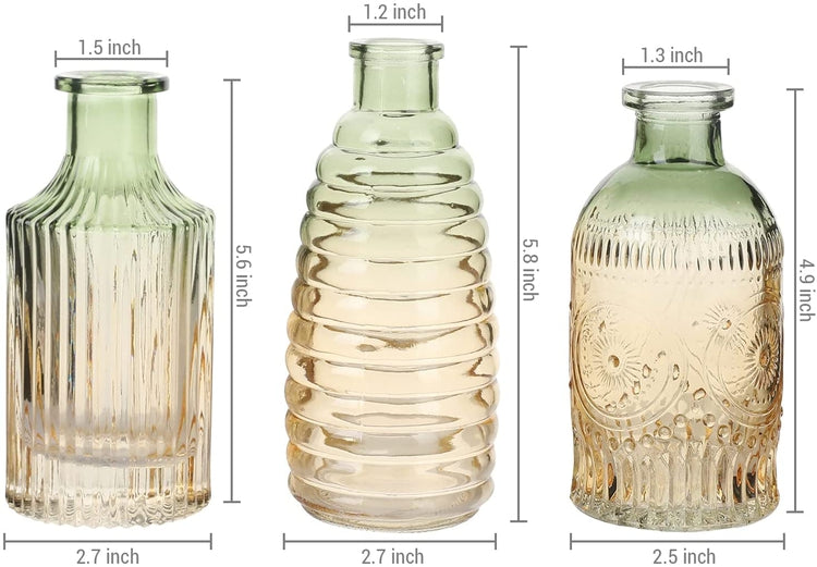 3 Pieces, Apothecary Glass Embossed Vases, Diffuser Bottles with Horizontal Vertical Ribbed Textures in Amber and Green-MyGift