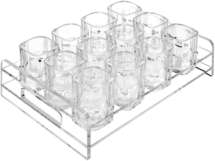 Clear Acrylic Party Liquor Serving Tray with 12 Shot Glasses and Cutout Handles-MyGift