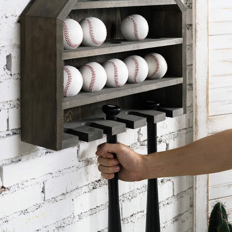 Gray Wood Home Plate-Shaped Mounted Baseball and Storage – MyGift